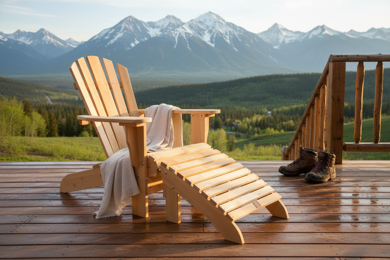 Fauteuil Adirondack avec son repose-pieds en cèdre blanc massif du Canada sur terrasse