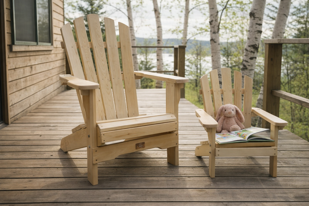 Fauteuils Adirondack pour adulte et enfant côte à côte en cèdre blanc massif du Canada sur terrasse