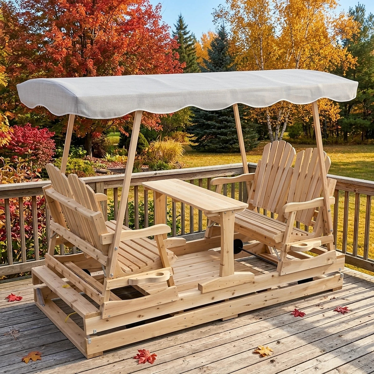 Balançoire 4 places en cèdre blanc du Canada avec toit en toile sur une terrasse, jardin aux couleurs d'automne