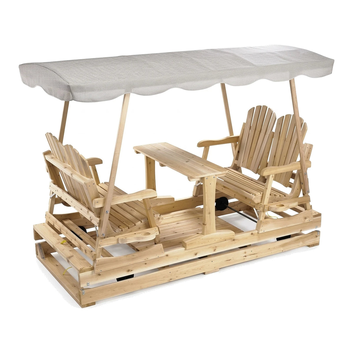 Balançoire 4 places en cèdre blanc du Canada avec toit en toile et table centrale, vue d'ensemble sur fond blanc