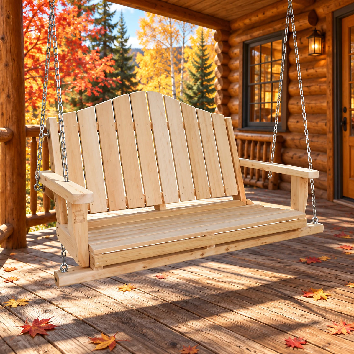 Banc à suspendre 2 places en cèdre blanc du Canada sous la véranda d'un chalet en rondins, forêt d'automne en arrière-plan