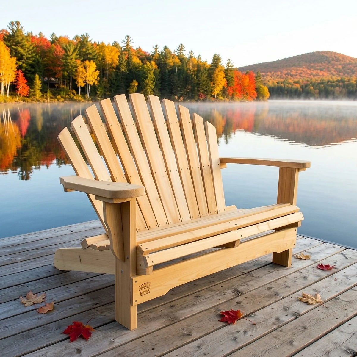 Banc Adirondack 2 places en cèdre blanc du Canada sur un ponton au bord d'un lac, forêt d'automne en arrière-plan