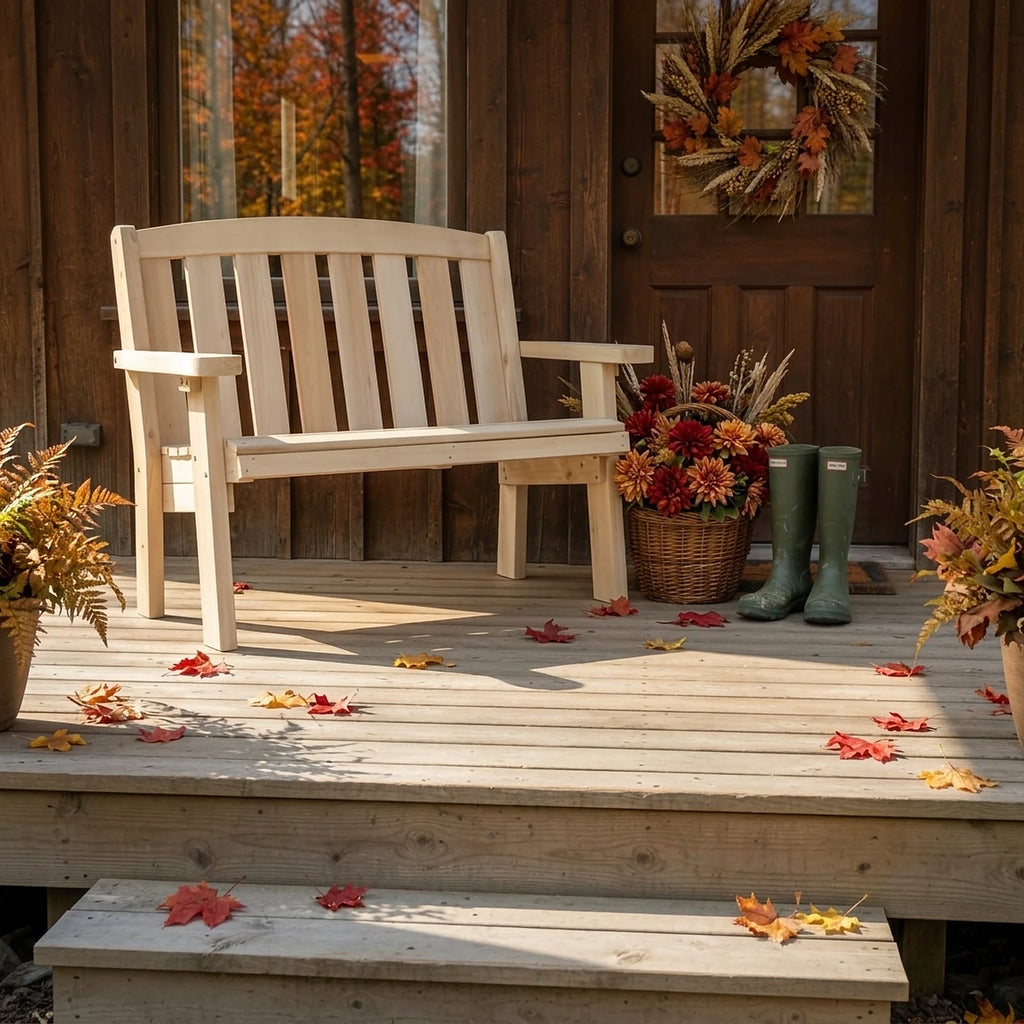 Banc de galerie 2 places en cèdre blanc du Canada sur la véranda d'un chalet, décor d'automne avec feuilles et dahlias