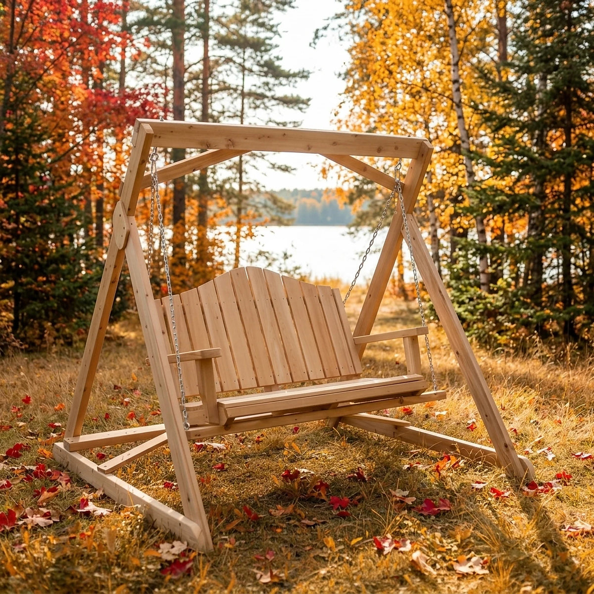 Banc sur portique 2 places en cèdre blanc du Canada dans une clairière au bord d'un lac, forêt d'automne