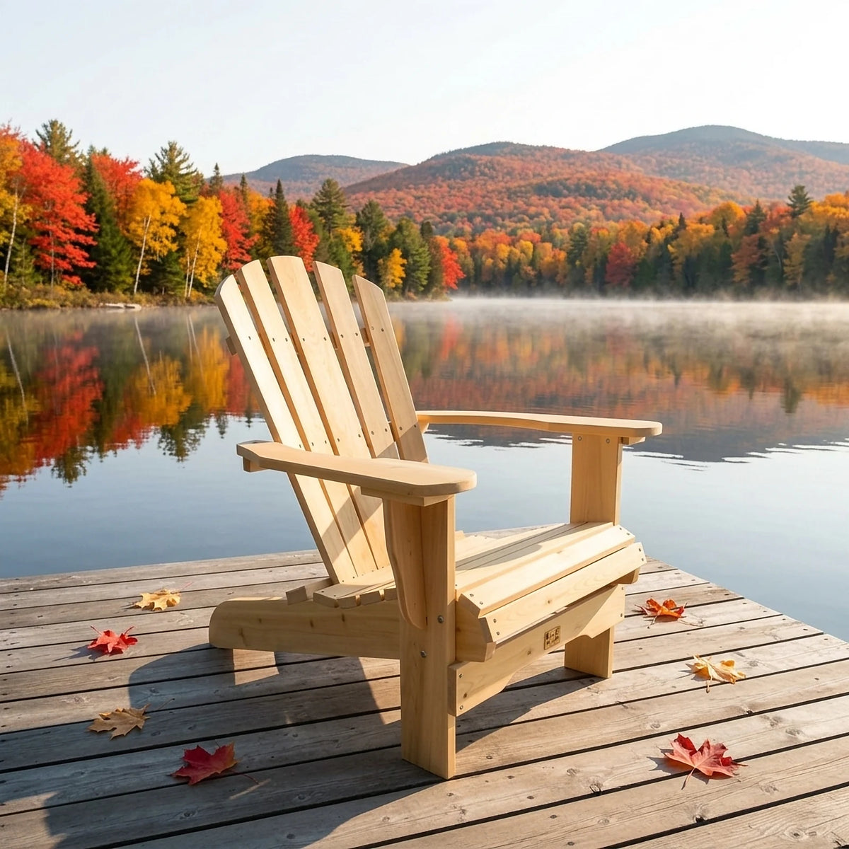 Fauteuil Adirondack en cèdre blanc du Canada sur un ponton au bord d'un lac, forêt d'érables aux couleurs d'automne en arrière-plan