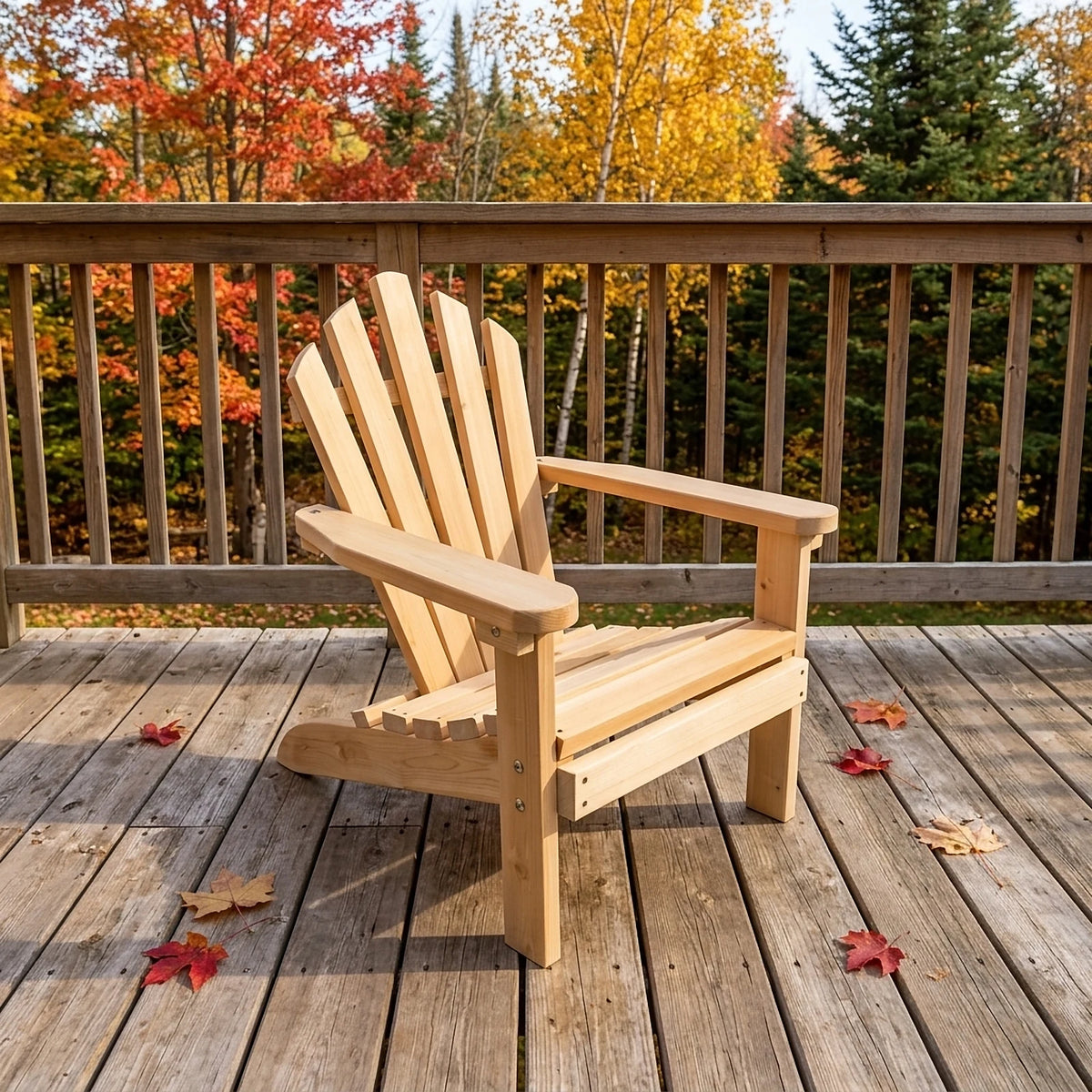 Fauteuil Adirondack enfant en cèdre blanc du Canada sur la terrasse d'un chalet, forêt d'automne en arrière-plan