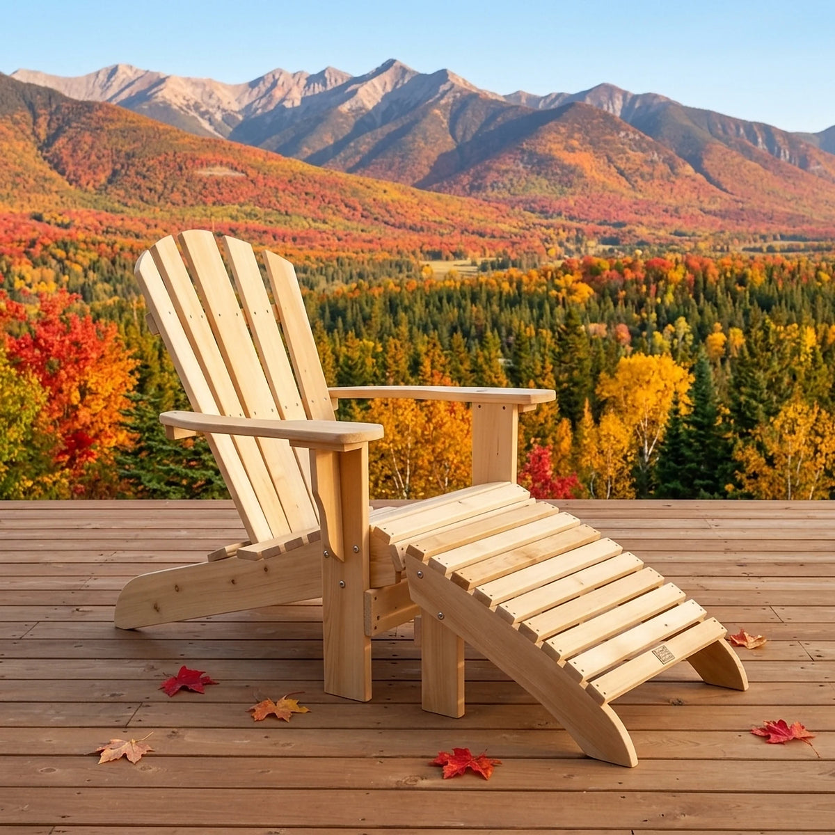 Fauteuil Adirondack avec repose-pieds en cèdre blanc du Canada sur une terrasse, montagnes et forêt d'automne en arrière-plan