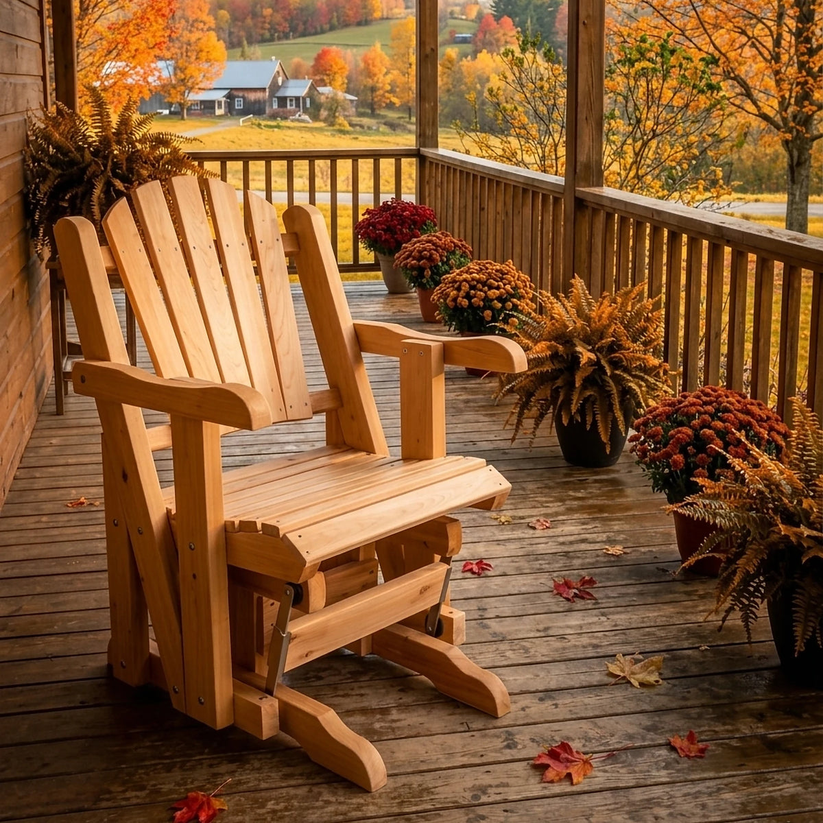 Rocking-chair en cèdre blanc du Canada sous la véranda d'une maison, vallée aux couleurs d'automne en arrière-plan