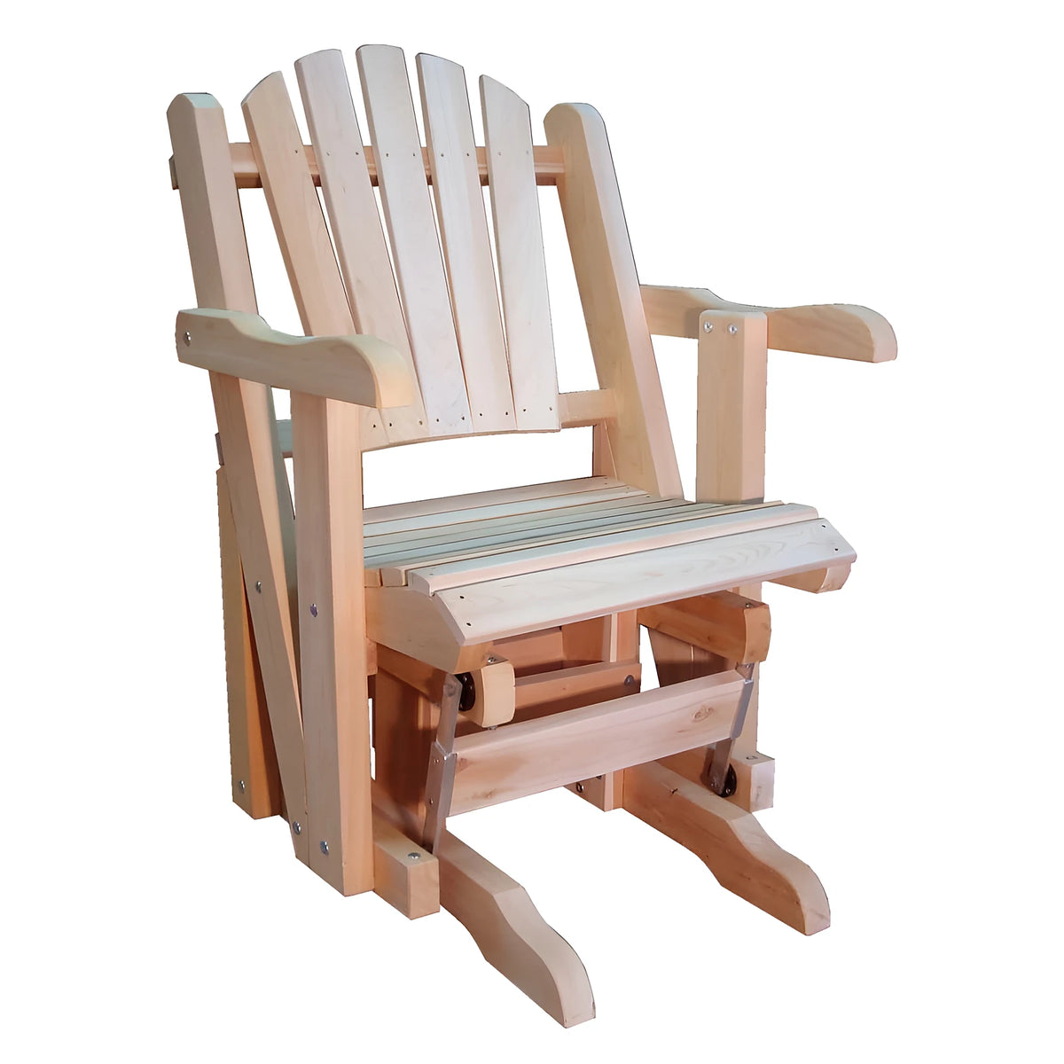 Rocking-chair en cèdre blanc du Canada avec son piètement articulé, vue d'ensemble sur fond blanc