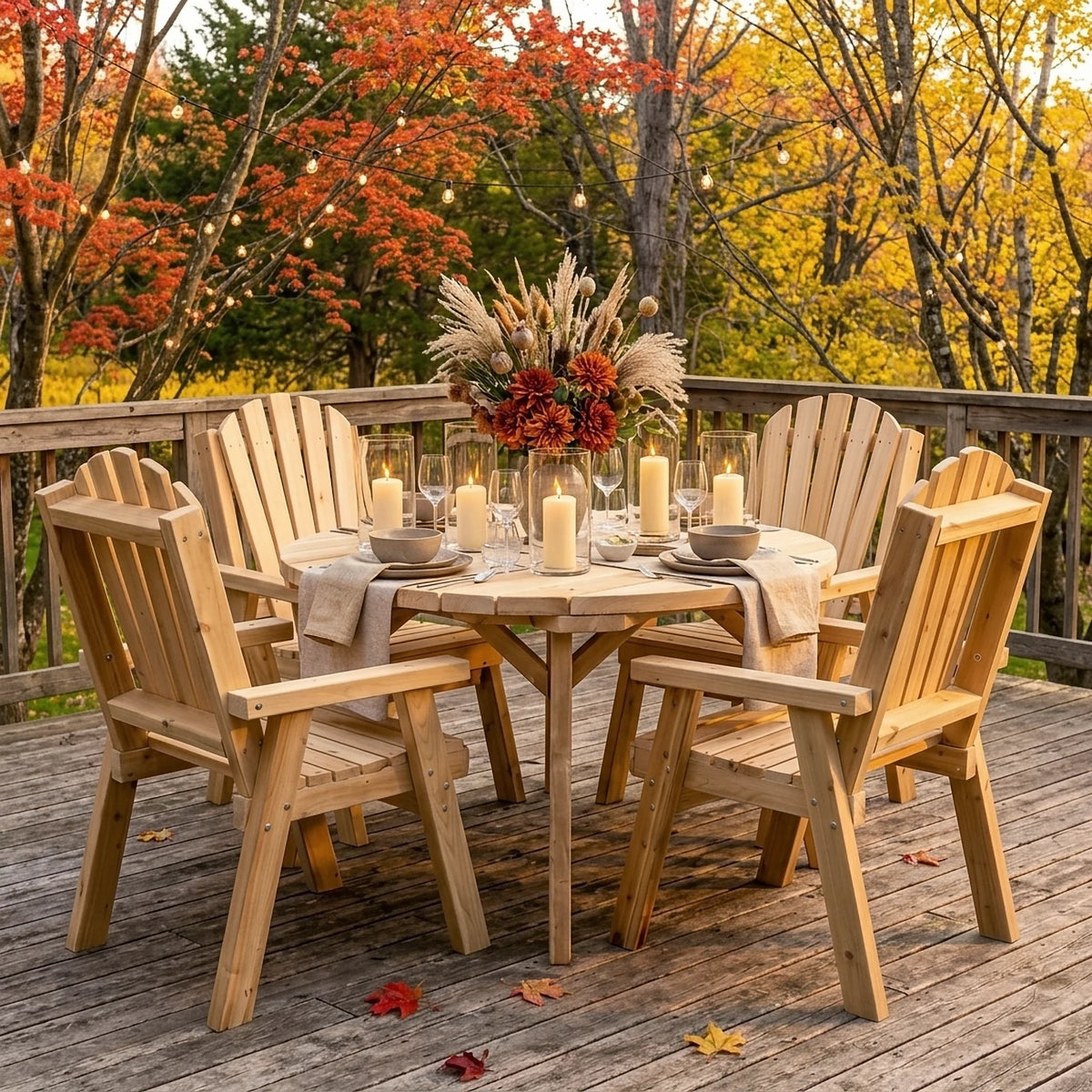 Table ovale et chaises en cèdre blanc du Canada dressées sur une terrasse en bois, forêt d'automne en arrière-plan